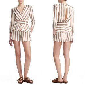 Maje Ieni Romper Size Medium Cream Bronze Striped Peplum One Piece Long Sleeve